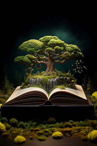 Open book with a tree and waterfall on a dark background