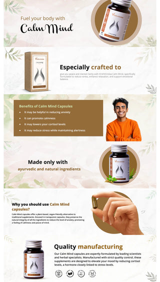 Vrishvrindaa Calm Mind Capsules, a natural Ayurvedic supplement that helps reduce anxiety and stress, promotes calmness, and lowers cortisol levels.