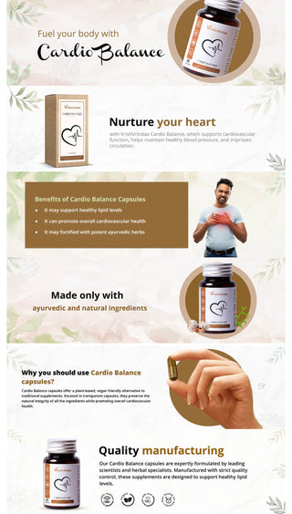 Vrishvrindaa Cardio Balance Capsules, a natural Ayurvedic supplement to support cardiovascular health, maintain healthy blood pressure, and improve circulation.