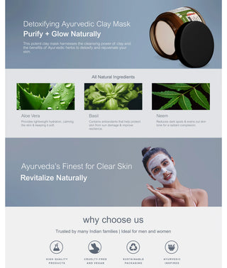 Vrishvrindaa Ayurvedic Clay Mask, a deep detox and oil control face mask with natural ingredients like Multani Mitti, Neem, Tulsi, Turmeric, and Aloe Vera to fight acne, tighten pores, and brighten skin.