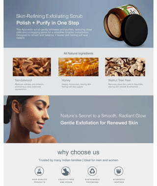 A+ content for Vrishvrindaa Exfoliating Face Scrub, an Ayurvedic formulation with Walnut Shell, Licorice, and Orange Peel to remove tan, dead skin, and improve skin texture.
