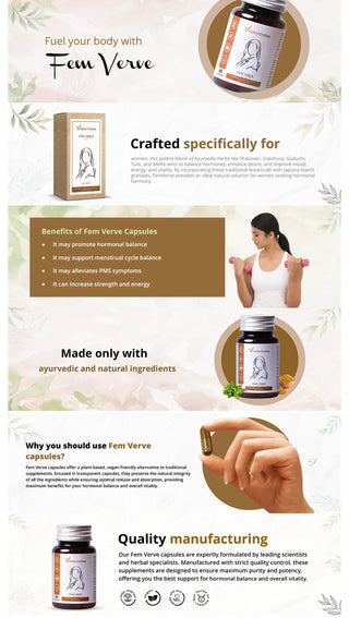 Vrishvrindaa Fem Verve Capsules, a natural Ayurvedic supplement crafted with potent herbs to promote hormonal balance, support menstrual health, and alleviate PMS symptoms.
