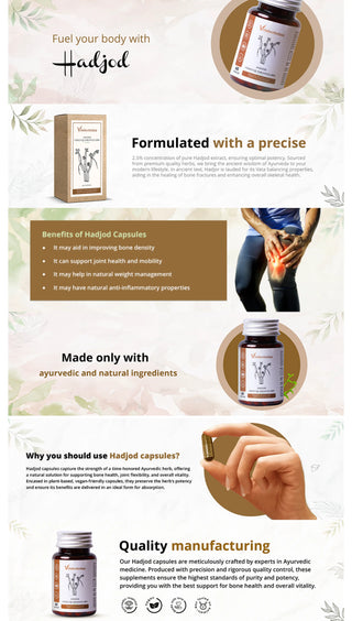 Vrishvrindaa Hadjod Capsules, a natural supplement to aid in improving bone density, supporting joint health, and helping with natural weight management.