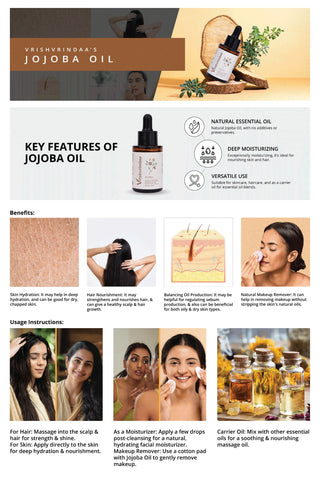 Vrishvrindaa Jojoba Oil, a natural essential oil that provides deep moisturizing and nourishment for both hair and skin, and works as a makeup remover.
