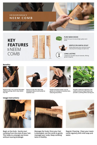 Vrishvrindaa Neem Wood Comb, a pure and natural comb that reduces hair fall, soothes the scalp, and prevents breakage while detangling hair.
