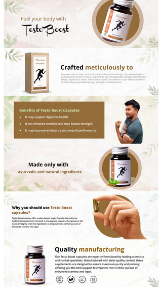 Vrishvrindaa Testo Boost Capsules, a natural Ayurvedic supplement crafted to support digestive health, enhance strength, and improve endurance and overall performance.