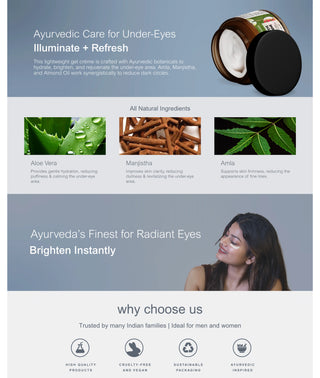 Vrishvrindaa Ayurvedic Under Eye Gel Creme with Amla, Manjistha, and Almond Oil. This cream is for men and women to reduce dark circles, puffiness, fine lines, and wrinkles, giving a fresh, youthful look.