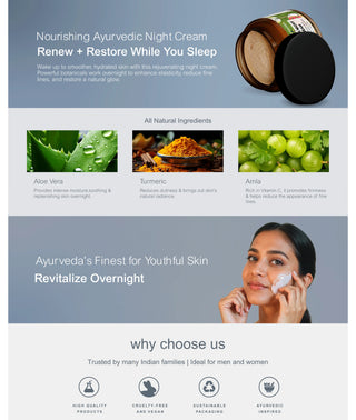 A+ content for Vrishvrindaa Night Cream, a nighttime Ayurvedic treatment with Jojoba Oil, Manjistha, and Rose to restore skin elasticity, reduce dark spots, and provide anti-aging benefits.
