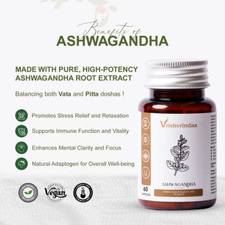 VrishVrindaa Ashwagandha Capsules - Natural Stress Relief and Energy Support Supplement - 500mg, 60 Capsules