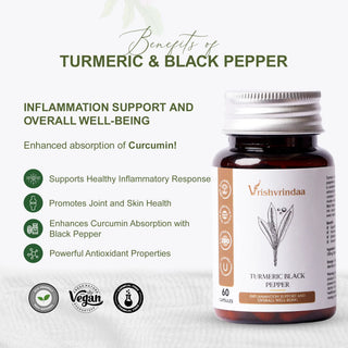 VrishVrindaa Turmeric Black Pepper Capsules - Natural Anti-Inflammatory and Antioxidant Support Supplement - 500mg, 60 Capsules