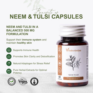 VrishVrindaa Neem and Tulsi Capsules - Natural Detox and Immune Support Supplement - 500mg, 60 Capsules