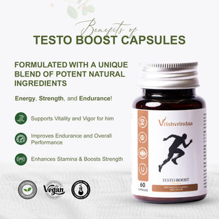 VrishVrindaa Testo Boost Capsules - Natural Testosterone and Energy Support Supplement - 500mg, 60 Capsules