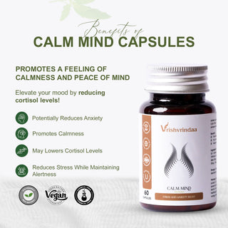 VrishVrindaa Calm Mind Capsules - Natural Stress Relief and Cognitive Support Supplement - 500mg, 60 Capsules