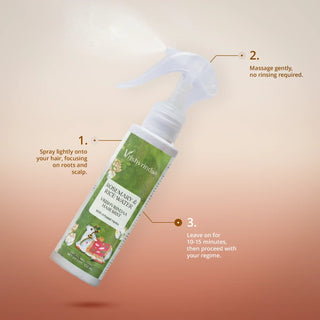 Vrishvrindaa hair mist bottle with usage instructions on a gradient background