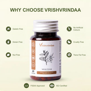 VrishVrindaa Neem and Tulsi Capsules - Natural Detox and Immune Support Supplement - 500mg, 60 Capsules