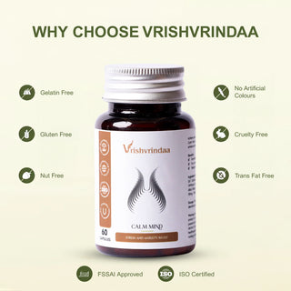 VrishVrindaa Calm Mind Capsules - Natural Stress Relief and Cognitive Support Supplement - 500mg, 60 Capsules