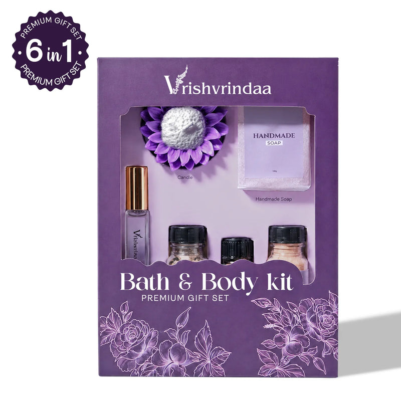 Vrishvrindaa 6 in 1 Bath and Body Kit premium gift set with handmade soap, candle, roll on fragrance and bath essentials.