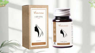 Vrishvrindaa Lady Vital capsules bottle and packaging on a light background