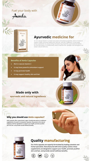 Vrishvrindaa Amla Capsules, a natural Ayurvedic supplement rich in Vitamin C that helps promote overall health and supports healthy skin and hair.