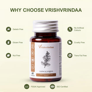 VrishVrindaa Ashwagandha Capsules - Natural Stress Relief and Energy Support Supplement - 500mg, 60 Capsules