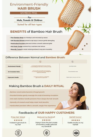 Vrishvrindaa Environment-Friendly Bamboo Hair Brush. The brush has soft, rounded bristles for gentle detangling, boosting circulation, and preventing static and frizz.