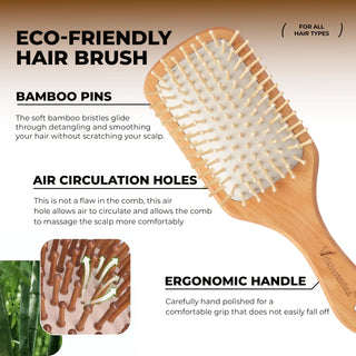 Bamboo paddle hair brush with cushioned base for smooth styling and scalp massage 