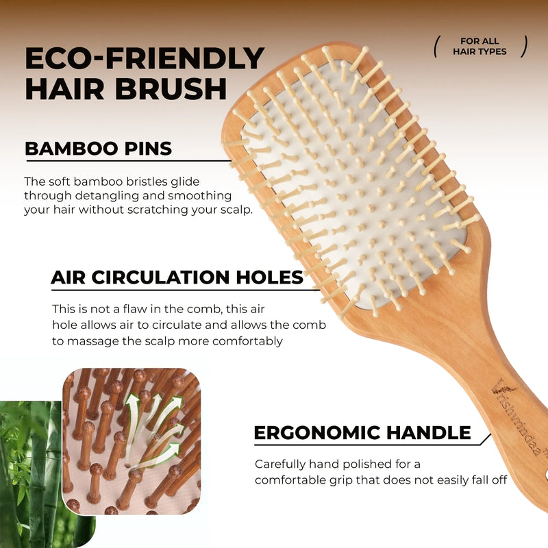 Bamboo paddle hair brush with cushioned base for smooth styling and scalp massage 