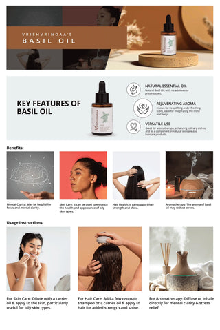 Vrishvrindaa Basil Essential Oil, a pure and natural oil that improves skin tone, fights acne, soothes irritated skin, and works for both skincare and aromatherapy.