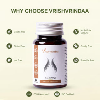 VrishVrindaa Calm Mind Capsules - Natural Stress Relief and Cognitive Support Supplement - 500mg, 60 Capsules