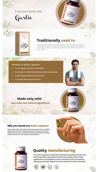 Vrishvrindaa Garlic Capsules, a natural supplement with pure garlic extract to support cardiovascular health, maintain healthy blood pressure, and boost immune function.