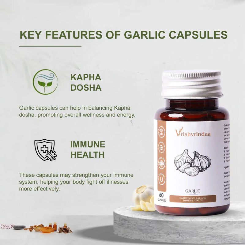 Herbal garlic supplement capsules to boost immune function and reduce inflammation 