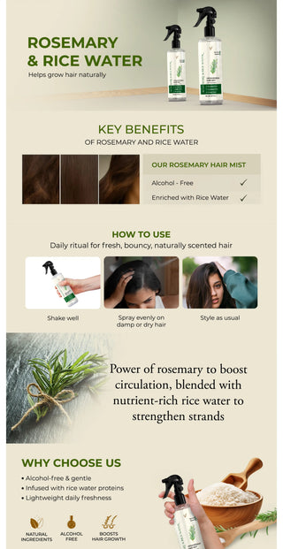 Rosemary and Rice Water hair mist for natural hair growth. The product boosts circulation and strengthens hair strands with rosemary and nutrient-rich rice water.