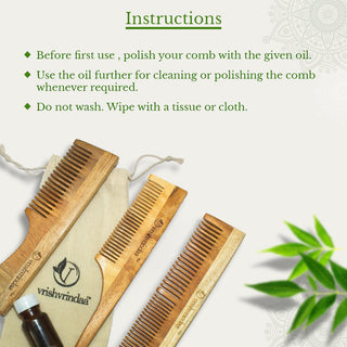 Neem Wood Comb | Set Of 3 With Cleaning Oil and Pouch