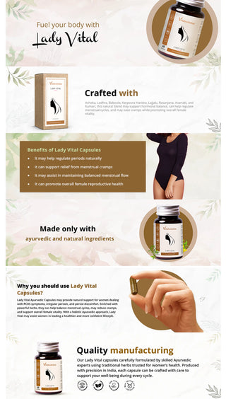 Vrishvrindaa Lady Vital Capsules, a natural supplement with Ashoka and Lodhra to help regulate periods, balance menstrual cycles, and relieve cramps.