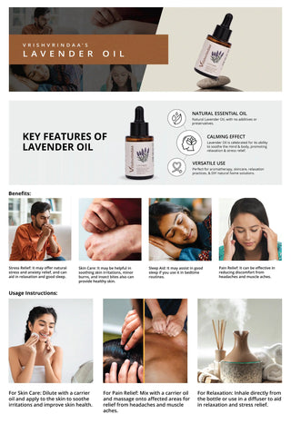 Vrishvrindaa Lavender Essential Oil, a pure oil for relaxation, skin care, and aromatherapy, which soothes stress, headaches, and muscle aches.