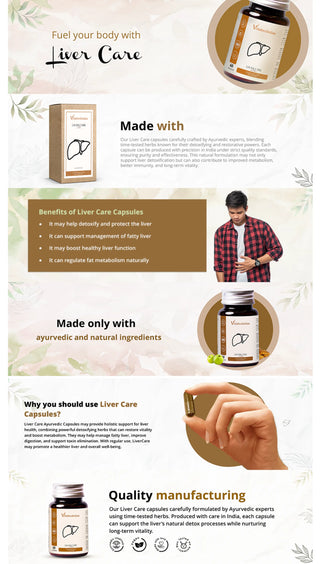 Vrishvrindaa Liver Care Capsules, a natural supplement that helps detoxify and protect the liver, boost liver function, and regulate fat metabolism naturally.