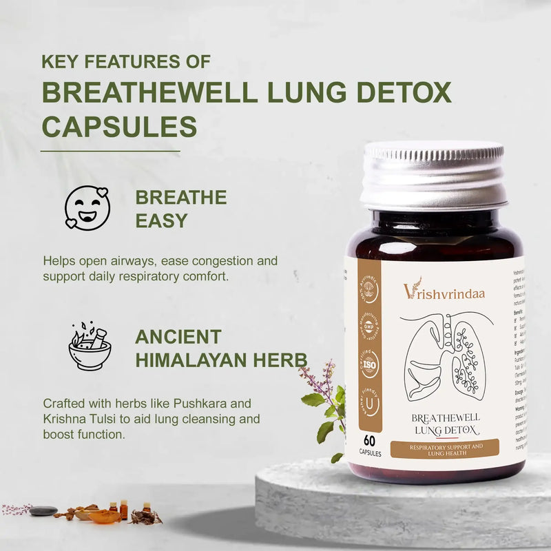 Lung support supplement with herbs like vasaka, arjuna, and beetroot for healthier breathing