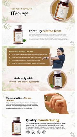Vrishvrindaa Moringa Capsules, a natural supplement with plant-based nutrition to support overall well-being, promote cardiovascular health, and boost energy and stamina.