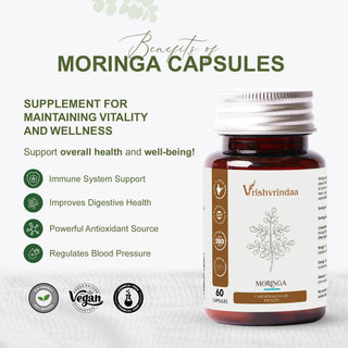 Benefits of Vrishvrindaa Moringa Capsules – boosts immunity, improves digestion, antioxidant source, regulates blood pressure, vegan and chemical free