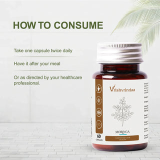 How to consume Vrishvrindaa Moringa Capsules – take one capsule twice daily after meal or as directed by healthcare professional
