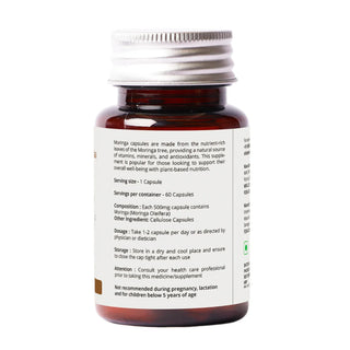 Vrishvrindaa Moringa Capsules side label showing ingredients, dosage, serving size 1 capsule, 60 servings per container, 500mg Moringa Oleifera per capsule