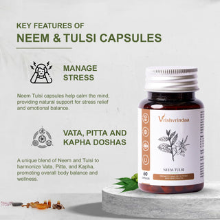 VrishVrindaa Neem and Tulsi Capsules - Natural Detox and Immune Support Supplement - 500mg, 60 Capsules