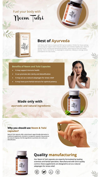 Vrishvrindaa Neem Tulsi Capsules, a natural supplement to support immune health, promote skin clarity, and act as an adaptogen for stress relief.