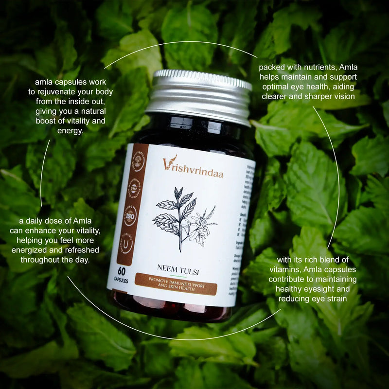 Neem Tulsi supplement combining antibacterial neem and adaptogenic tulsi