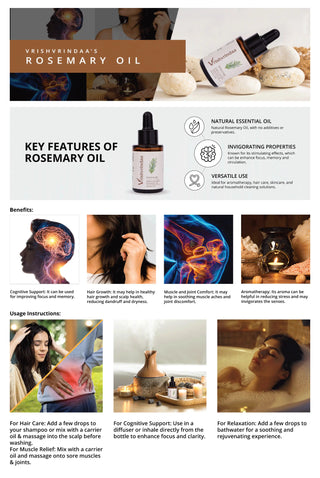 Vrishvrindaa Rosemary Essential Oil, a pure oil for hair growth, scalp health, and soothing muscles, with invigorating properties for aromatherapy.