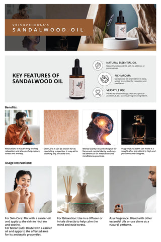 Vrishvrindaa Sandalwood Essential Oil, a pure oil for skincare, relaxation, and aromatherapy, with a rich aroma.