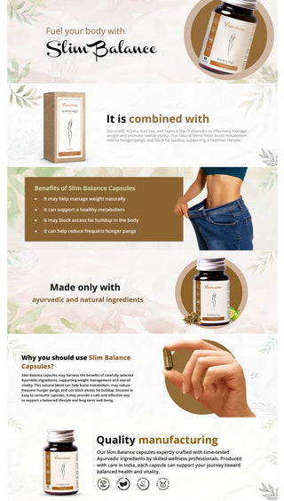 Vrishvrindaa Slim Balance Capsules, a natural Ayurvedic supplement with Daruhaldi and Garcinia to help manage weight, support metabolism, and block excess fat buildup.