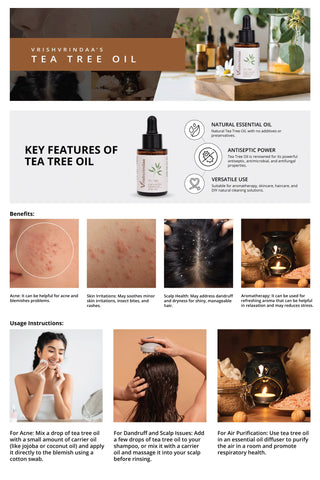 Vrishvrindaa Tea Tree Essential Oil, a pure and natural oil for cleansing blemishes, soothing acne-prone skin, purifying hair, and controlling oil.