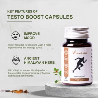 VrishVrindaa Testo Boost Capsules - Natural Testosterone and Energy Support Supplement - 500mg, 60 Capsules