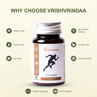 VrishVrindaa Testo Boost Capsules - Natural Testosterone and Energy Support Supplement - 500mg, 60 Capsules